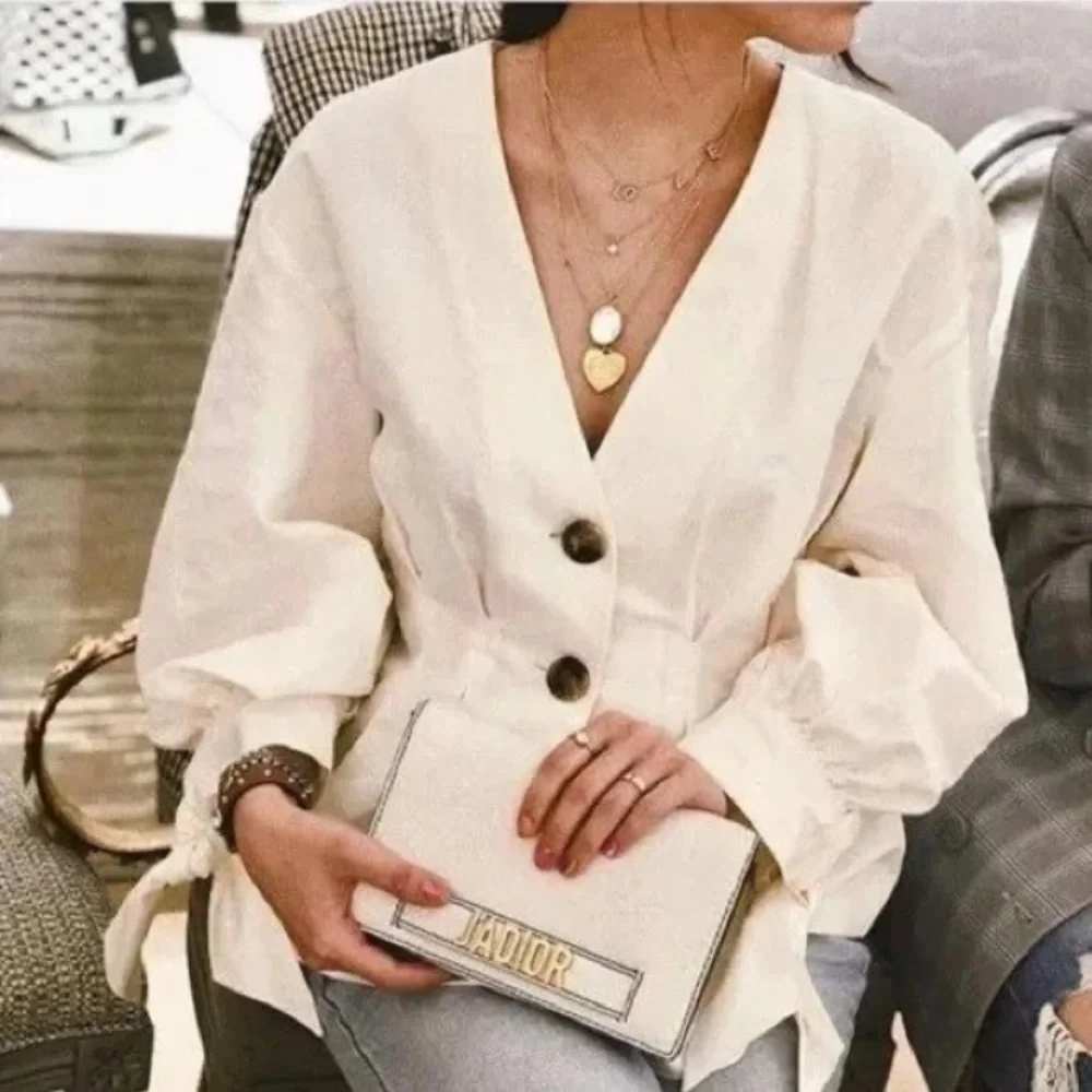 Zara Button-up Blouse w/Bows Linen‎ Puff Sleeve Blouse Pleated Top S classic